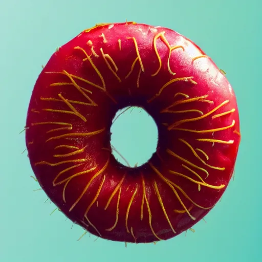 Prompt: Perfectly circular donut!!!!! in the style and shape of a rambutan!!!!!!, blended colors!!!!!, fibrous!!!!!, red fibers, trending on artstation, 4k, 8k, professional photography, overhead shot, 35mm lens
