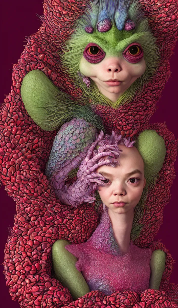Prompt: hyper detailed 3d render like a Oil painting - kawaii portrait of one Aurora (a beautiful skeksis muppet fae queen from dark crystal that looks like Anya Taylor-Joy) seen red carpet photoshoot in UVIVF posing in scaly dress to Eat of the Strangling network of yellowcake aerochrome and milky Fruit and His delicate Hands hold of gossamer polyp blossoms bring iridescent fungal flowers whose spores black the foolish stars by Jacek Yerka, Ilya Kuvshinov, Mariusz Lewandowski, Houdini algorithmic generative render, Abstract brush strokes, Masterpiece, Edward Hopper and James Gilleard, Zdzislaw Beksinski, Mark Ryden, Wolfgang Lettl, hints of Yayoi Kasuma and Dr. Seuss, octane render, 8k