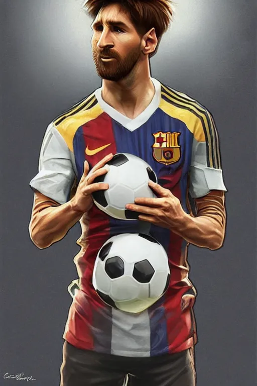 Prompt: male cottagecore lionel messi holding a soccer ball, intricate, swagger, highly detailed, digital painting, artstation, concept art, smooth, sharp, focus, illustration, art by artgerm and greg rutkowski and alphonse mucha