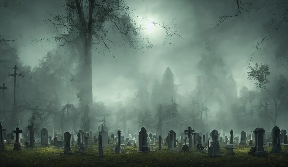 Image similar to a beautiful painting of a graveyard, cinematic angle, studio lighting, movie concept, trending on artstation, octane render, 8 k, ultra high detail