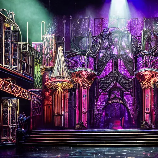 Prompt: photo, a highly - themed dramatic broadway musical set design with huge spectacle, dark and moody futuristic, a dark gothic psychedelic palace