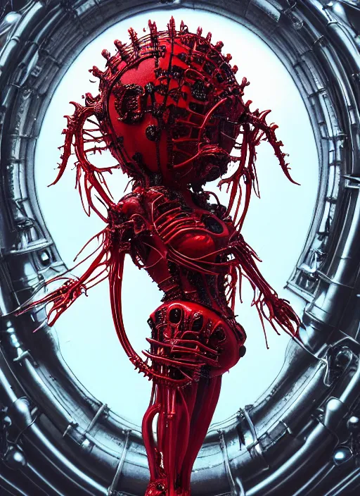 Image similar to gothic inflateble baroque puffy red dress, perfect symmetrical body, helmet on face, full body shot, alien, plant predator, guyver, giger, wires, tubes, veins, jellyfish, white biomechanical details, wearing epic bionic cyborg implants, masterpiece, intricate, biopunk, vogue, highly detailed, artstation, concept art