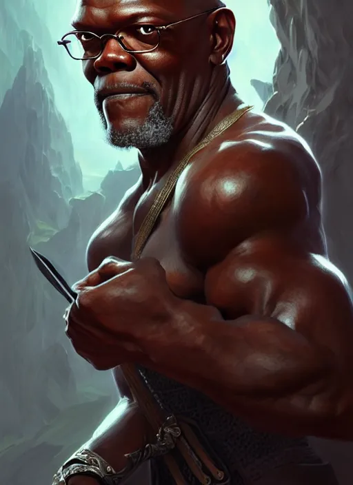 Image similar to Portrait of Samuel L. Jackson, D&D, muscular, fantasy, intricate, elegant, highly detailed, digital painting, artstation, concept art, smooth, sharp focus, illustration, art by artgerm and greg rutkowski and alphonse mucha