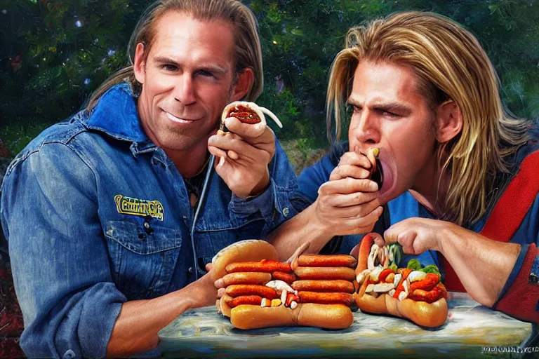 Image similar to portrait of wwf shawn michaels and thomas the tank engine sharing hotdogs, an oil painting by ross tran and thomas kincade