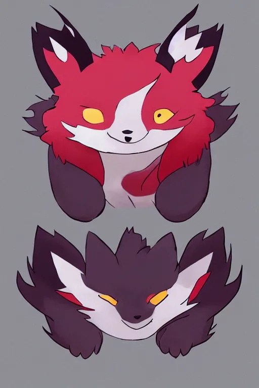 Image similar to zorua pokemon, stylised fox - like appearance, black and auburn colour pallet, thick furry neck and chest fluff, stylised 🖌 - like hair on head, pokemon concept art with multiple angles, super detailed, clean lines, digital art