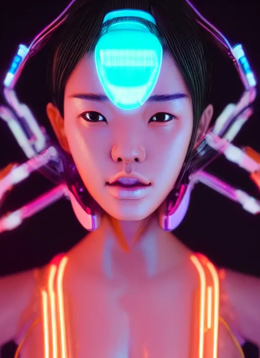 Image similar to a sensual asian female humanoid with freckled cheeks, cyber neon lighting, futurism, intricate futuristic jewelry accessories, cyberpunk glossy white latex swimsuit, profile posing, hyper photorealistic, crispy quality, digital photography, trending in artstation, trending in pinterest, cinematic, 4 k ultra hd, art by pascal blanche, art by greg rutkowski,