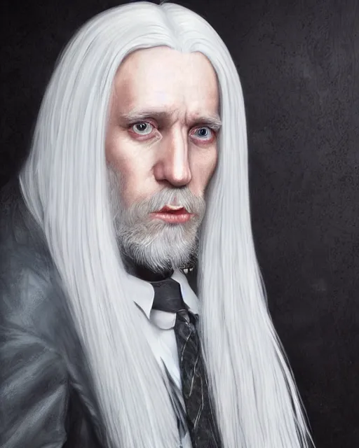 Prompt: portrait of 4 0 - year - old man with long white hair with a pale complexion, malfoy lucius, clear face, pointed face and grey eyes, hyper realistic face, beautiful eyes, character art, art by mark brooks, hyperdetailed, cryengine, trending on artstation, digital art