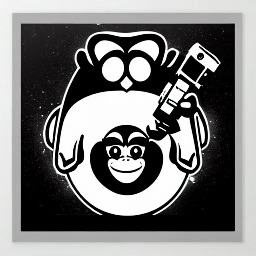 Image similar to “ logo of a monkey in the style of zootopia holding laser gun, with a black background, digital art, award winning, trending on art station, retro style ”