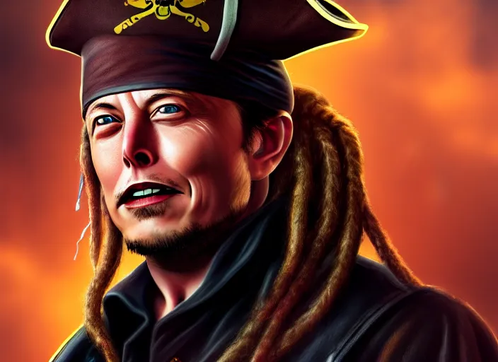 Image similar to highly detailed portrait of Elon Musk as a dread pirate captain, proudly posing at the helm of his frigate wearing a pirate hat, artstation, cinematic lighting, hyperdetailed, cgsociety, 8k, high resolution, insanely detailed and intricate