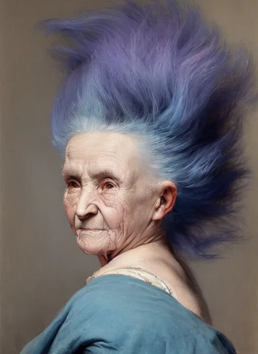 Image similar to a detailed portrait of old woman with a extravagant mohawk by edouard bisson, blue hair, punk rock, oil painting, muted colours, soft lighting