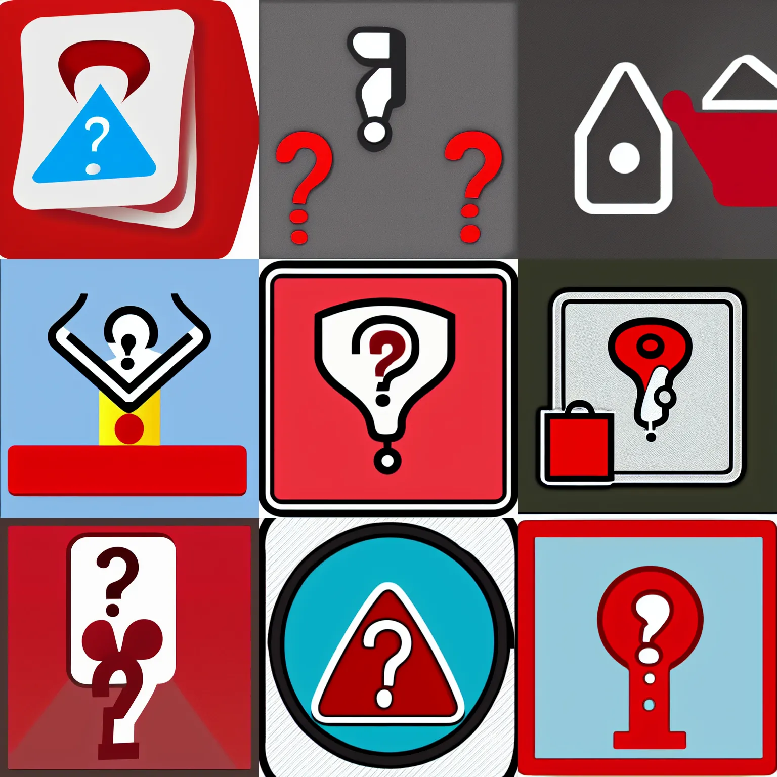 Prompt: a clip art icon of a red question sign