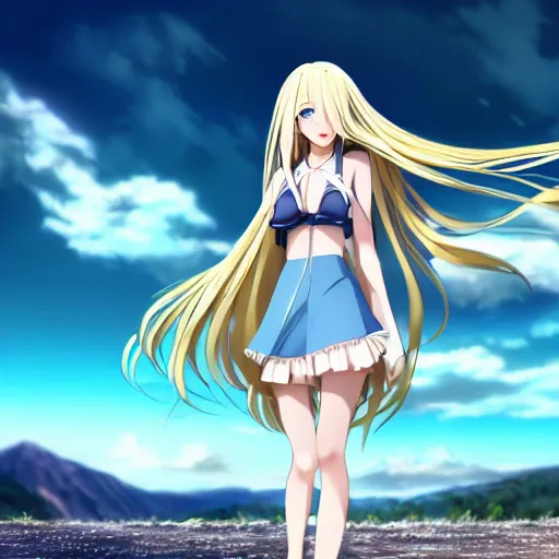 Prompt: a very beautiful anime cute girl, extremely long blond hair reaching the ground, full body, long wavy blond hair, sky blue eyes, full round face, short smile, fancy top, miniskirt, front view, summer lake setting, cinematic lightning, medium shot, mid-shot, highly detailed, trending on Artstation, Unreal Engine 4k, cinematic wallpaper by Stanley Artgerm Lau, WLOP, Rossdraws, James Jean, Andrei Riabovitchev, Marc Simonetti, and Sakimichan