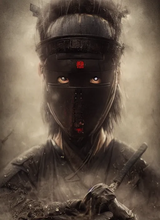 Image similar to samurai portrait photo, wearing all black mempo mask, after a battle, war scene, dirt and unclean, extreme detail, cinematic, dramatic lighting render, extreme photorealism photo by national geographic, tom bagshaw, masterpiece