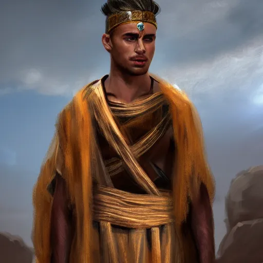 Image similar to portrait, 26 year old male in ancient Canaanite clothing meeting 18 year old female in ancient Canaanite clothing, dramatic lighting, cinematic, establishing shot, high detail, photo realistic, cinematic lighting, post processed, concept art, artstation, matte painting