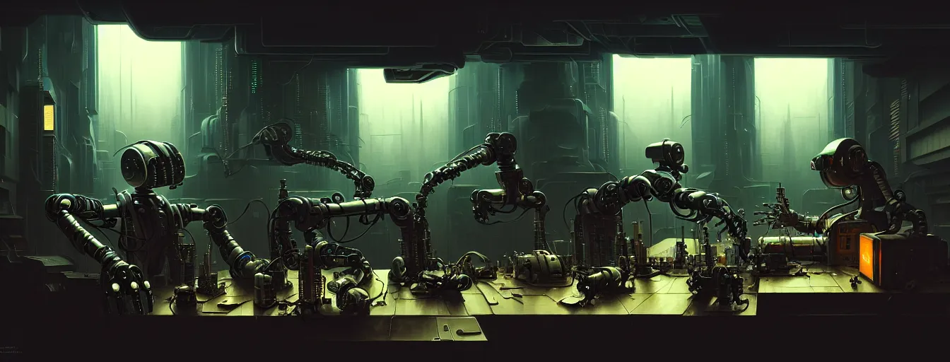 Image similar to robot repair workshop, blade runner artifacts, cyberpunk tech, ultrarealistic, futuristic, three point lighting, dramatic lighting, electrical details, high details, 4 k, 8 k, best, accurate, trending on artstation, photorealism, digital painting, style of peter mohrbacher, caravaggio, vitaly bulgarov