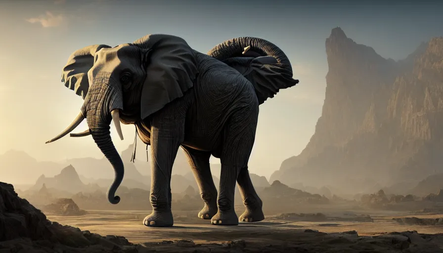 Image similar to a hybrid robot elephant, on socotra island, intricate, elegant action scene, an epic fantasy, artgerm and greg rutkowski and alphonse mucha, an epic fantasy, volumetric light, detailed, establishing shot, an epic fantasy, cinematic, photorealistic, ultrarealistic, trending on art station, octane render