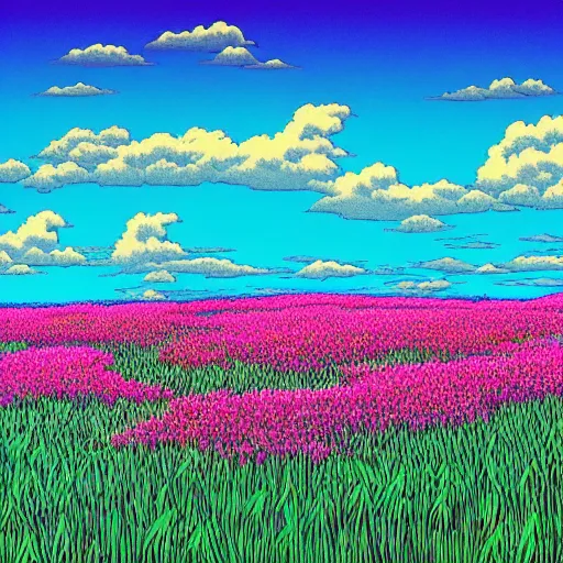 Image similar to a beautiful painting of a field of flowers atop a plateau overlooking a large beach by hiroshi nagai and hirohiko araki, detailed line art, vaporwave color scheme