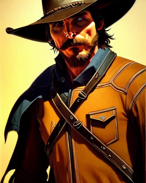 Image similar to christian bale as mccree from overwatch, character portrait, portrait, close up, highly detailed, intricate detail, amazing detail, sharp focus, vintage fantasy art, vintage sci - fi art, radiant light, caustics, by boris vallejo