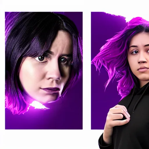 Image similar to poster artwork, sci fi, a female, full body, black hoodie techie, black hair with purple streaks, 8 k