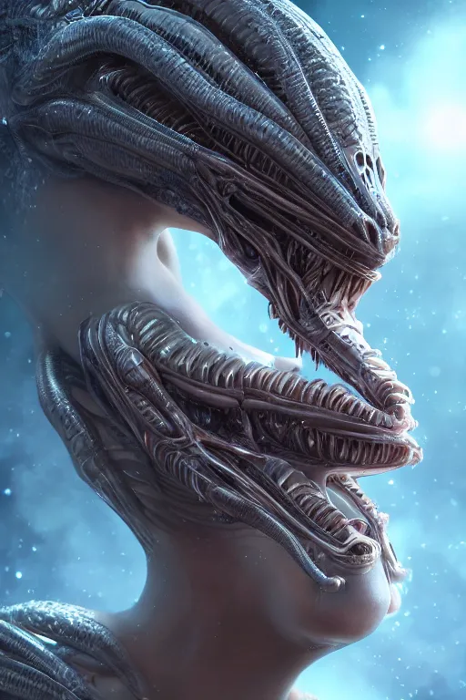 Image similar to an alien half swallowing a beautiful woman digital art, highly detailed, wide shot, intricate, fantasy, mystical, sharp focus, Trending on Artstation HQ, deviantart, unreal engine 5, 4K UHD image