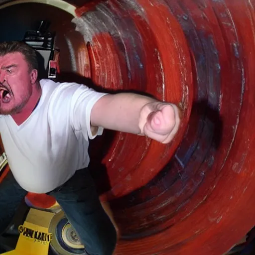 Image similar to robb wells. pointing at the camera, shouting mean words, angry, red faced. fisheye lens