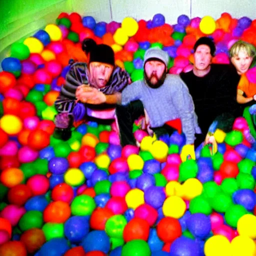 Image similar to photo of Limp Bizkit performing a concert in a McDonald's ball pit, 2002