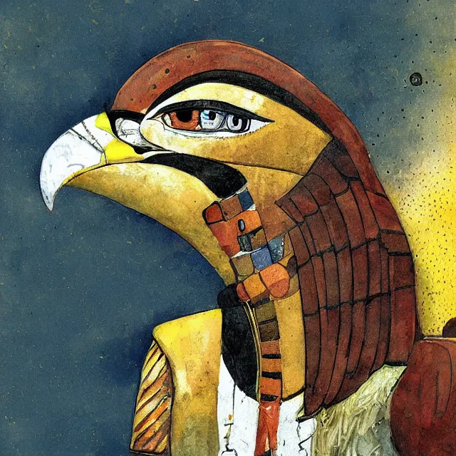Image similar to rough painting of Horus the falcon headed egyptian god, by Enki Bilal, by Dave McKean