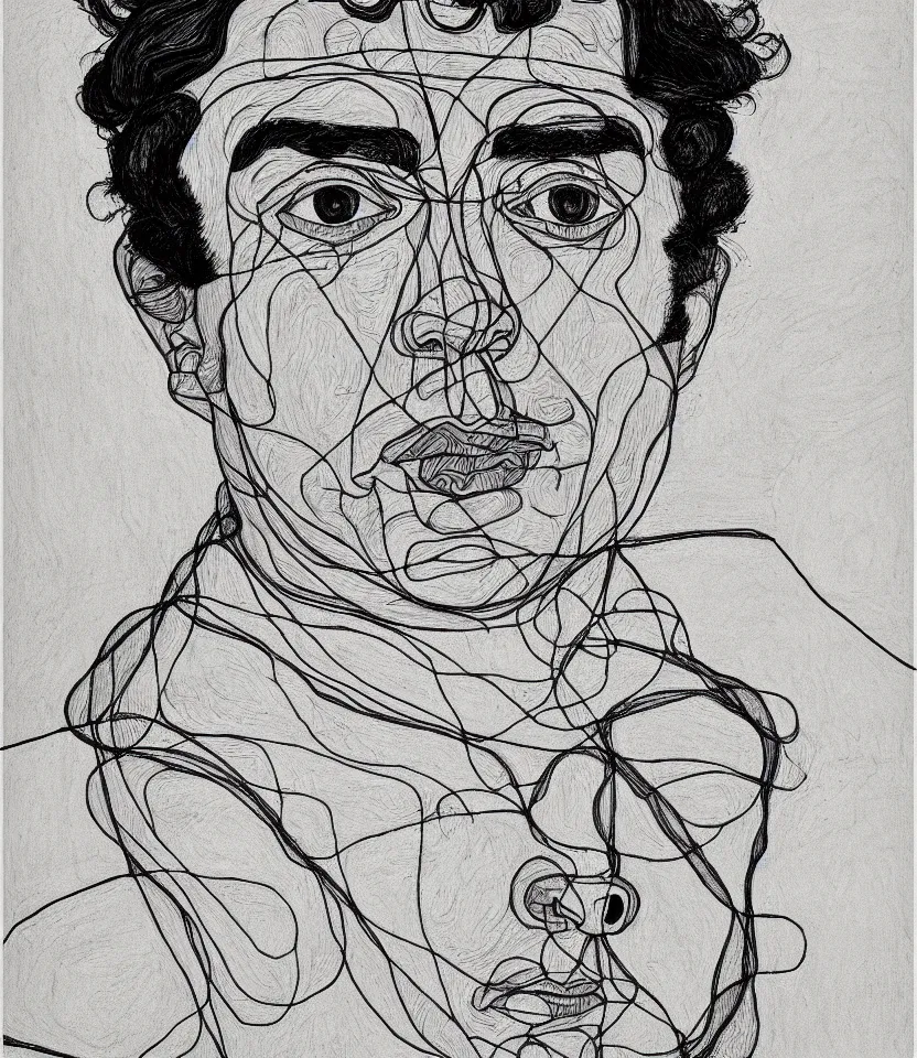 Image similar to detailed line art portrait of pablo neruda, inspired by egon schiele. caricatural, minimalist, bold contour lines, musicality, soft twirls curls and curves, confident personality, raw emotion