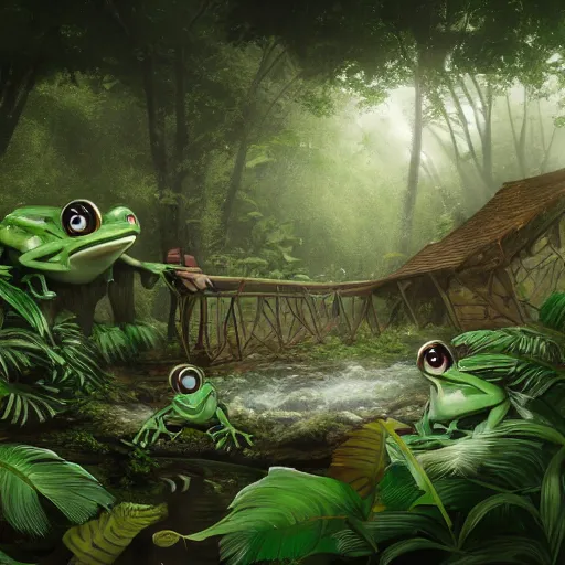 Image similar to Camp with wild humanoid frogs in the middle of the jungle, 8k, detailed, concept art, trending on artstation