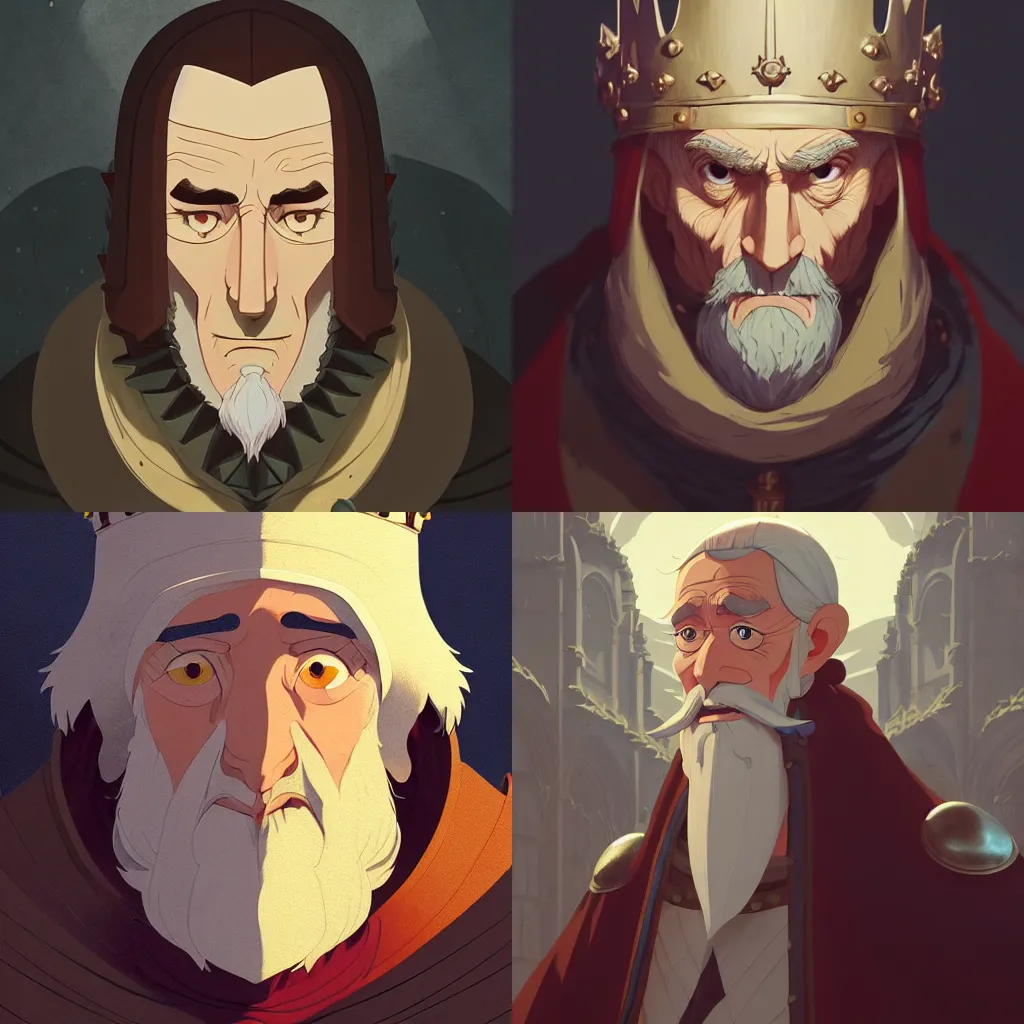 Prompt: portrait of medieval old king, artstation, cartoon, elegant highly detailed digital painting, concept art, smooth, sharp focus, makoto shinkai, don bluth, fujita goro, giraud, tom whalen, michel ocelot, atey ghailan, akihiko yoshida, fadeev