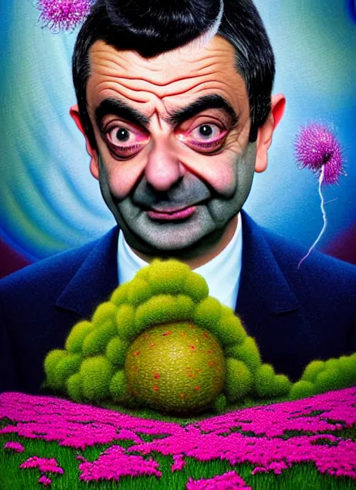 Image similar to hyper detailed 3d render like a Oil painting - silly portrait of Rowan Atkinson as Mr. Bean in Aurora seen Eating of the Strangling network of yellowcake aerochrome and milky Fruit and Her delicate Hands hold of gossamer polyp blossoms bring iridescent fungal flowers whose spores black the foolish stars by Jacek Yerka, Mariusz Lewandowski, Houdini algorithmic generative render, Abstract brush strokes, Masterpiece, Edward Hopper and James Gilleard, Zdzislaw Beksinski, Nicoletta Ceccoli, Wolfgang Lettl, hints of Yayoi Kasuma, octane render, 8k