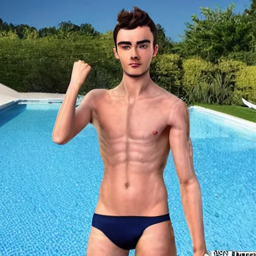 Image similar to a realistic detailed photo of a guy who is an attractive humanoid who is half robot and half humanoid, humanoid robot, by the pool, posing like a statue, who is a male android, blank stare, on display, made of ice, shiny skin, frozen ice statue, showing off his muscles, f 1 driver charles leclerc