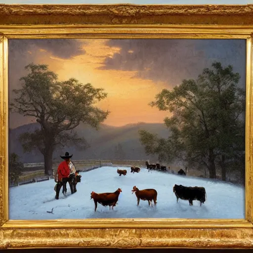 Image similar to an extremely detailed matte painting of a rancher feeding the animals at sunrise, tall rancher wearing a cowboy hat, dogs, cows, sheep, chickens, ducks, 4 k, ranch the morning after a light snowfall, by bob ross and norman rockwell and albert bierstadt