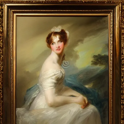 Image similar to a detailed oil painting of a beautiful Regency-era girl by Thomas Lawrence, Empire silhouette, realistic fabric