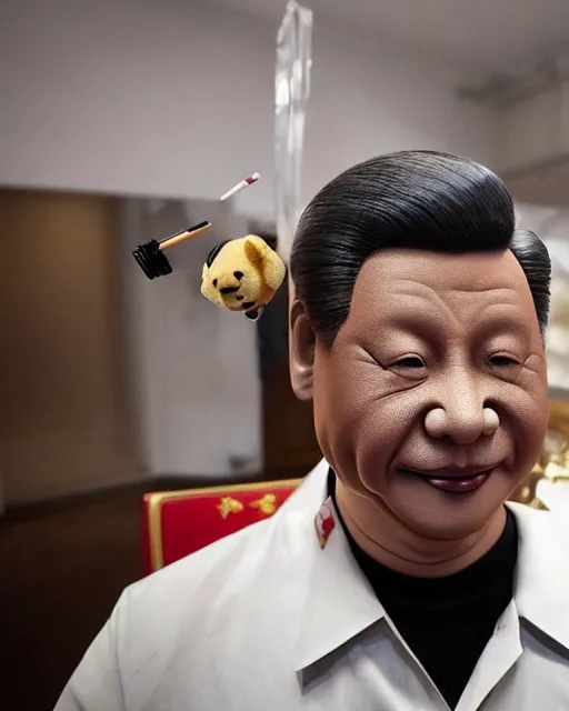 Image similar to president xi jinping in a makeup test as winnie the poo, makeup and prosthetics designed by rick baker, highly detailed, photorealistic