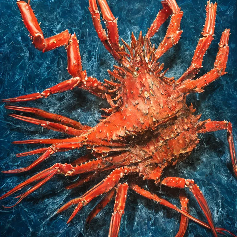 Prompt: Hyperrealistic intensely colored Studio wet collodion Photograph portrait of a deep sea Giant King Crab with large spiked claws deep underwater in darkness long exposure, award-winning nature deep sea expressionistic impasto heavy brushstrokes oil painting by Fabian Marcaccio and Matthew Barney and Audubon vivid colors hyperrealism 8k