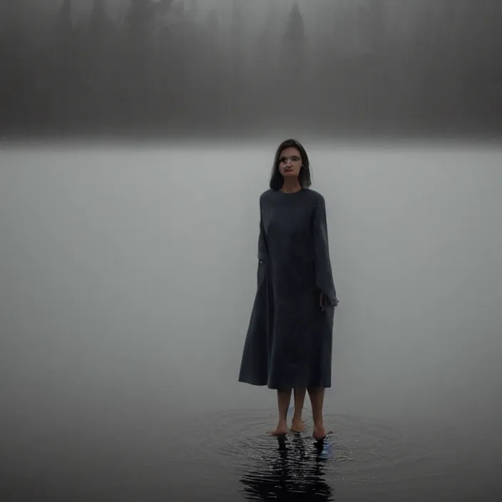 Image similar to a woman, standing in shallow endless water, foggy, backlit, wearing amazing clothes, backlit, photo by Marat Safin, Canon EOS R3, f/1.4, ISO 200, 1/160s, 8K, RAW, unedited, symmetrical balance, in-frame