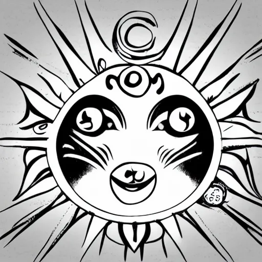 Prompt: tattoo sketch of a cat with one eye, smiling sun, maori ornament, polinesian style, minimalism, line art, vector