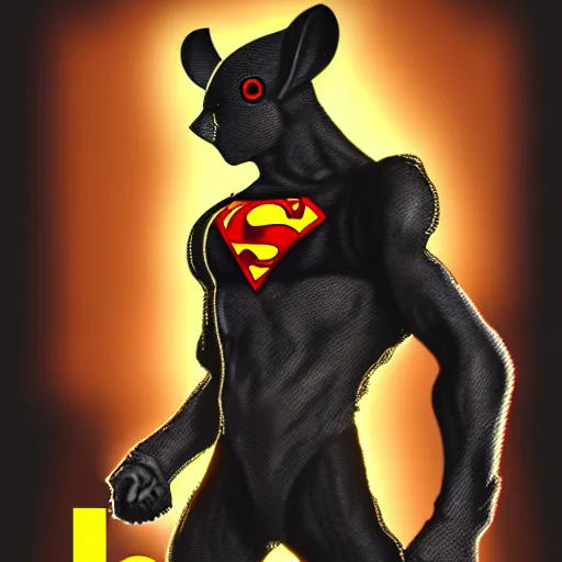 Prompt: ultra detailed graphic art of ratman, a superhero with the powers of a rat in a black armor with a logo of the letter r, 8 k, ultra realistic, concept art