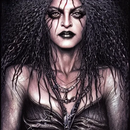 Prompt: head and shoulders portrait of an evil, black - skinned night hag portrayed by madonna, d & d, fantasy, luis royo, magali villeneuve, donato giancola, wlop, krenz cushart