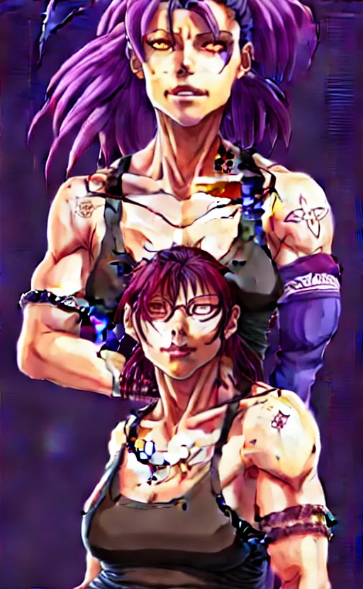 Image similar to a portrait of revy from black lagoon, dilraba dilmurarevy, smirk, black tank top, jean shorts, brown eyes, purple hair, tribal tattoos right arm sleeve, symmetrical eyes, symmetrical face, art by lois van baarle and loish and ross tran and rossdraws and sam yang and artgerm