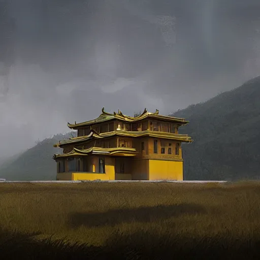 Image similar to rectangular house inspired by a tibetan palace, open field, big trees, yellow clouds, dramatic lighting, artstation, matte painting, raphael lacoste, simon stalenhag, frank lloyd wright