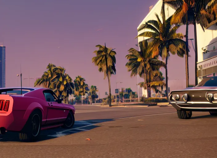 Prompt: still next - gen ps 5 game grand theft auto 6 2 0 2 4 remaster, graphics mods, rain, red sunset, people, rtx reflections, gta vi, miami, palms and miami buildings, photorealistic screenshot, unreal engine, 4 k, 5 0 mm bokeh, close - up ford mustang, gta vice city remastered, artstation