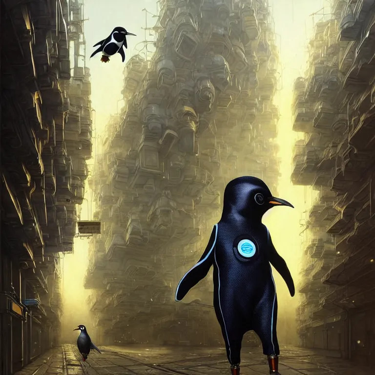 Image similar to A solarpunk very highly detailed Anthropomorphic cybertronic penguin wearing sport suit with very highly detailed face on the street of a very highly detailed solarpunk city digital surrealism art by Greg Rutkowski and Josan Gonzalez, highly detailed, digital concept art, Volumetric natural light, sharp focus, Golden Ratio illustration, realistic concept art by Stephen Hickman and James Gurney and Hiromasa Ogura Ghost in the Shell rendered in VRAY, From the distance