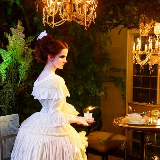 Image similar to fantasy, glow, shimmer, emma watson as victorian woman in a long white frilly lace dress and a large white hat having tea in a sunroom filled with flowers, roses and lush fern flowers ,intricate, night, highly detailed, dramatic lighting , high quality