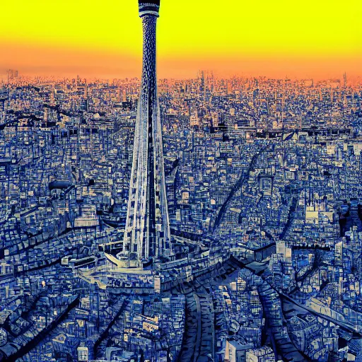 Prompt: A incredibly detailed landscape of photorealistic, shift photography, Japan Tokyo Skytree, summer evening, sharp focus, lineart, colored