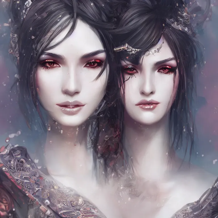 Image similar to oriental fantasy fashion girl portrait, flirtatious eyes, grin, cyberpunk, glossy eyes, face, short hair, fantasy, intricate, androgynous, highly detailed, digital painting, artstation, concept art, smooth, sharp focus, illustration