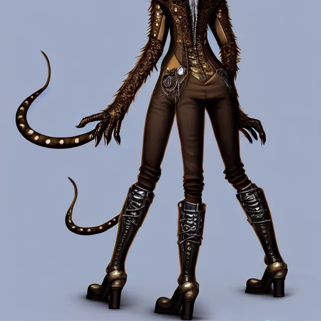 Image similar to the full body of anthropomorphic lynx fursona from behind wearing a steampunk suit as unimaginably beautiful, gorgeous, elegant, young woman with lynx head and paw pads, an ultrafine hyperdetailed illustration by furaffinity, intricate linework, white fur, unreal engine 5 highly rendered, global illumination, radiant light, detailed and intricate environment