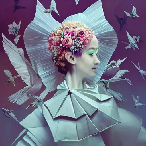 Image similar to 3 / 4 view of a beautiful girl wearing an origami dress, eye - level medium shot, fine floral ornaments in cloth and hair, hummingbirds, elegant, by eiko ishioka, givenchy, shinji aramaki, by peter mohrbacher, centered, fresh colors, origami, fashion, detailed illustration, vogue, japanese, reallusion character creator