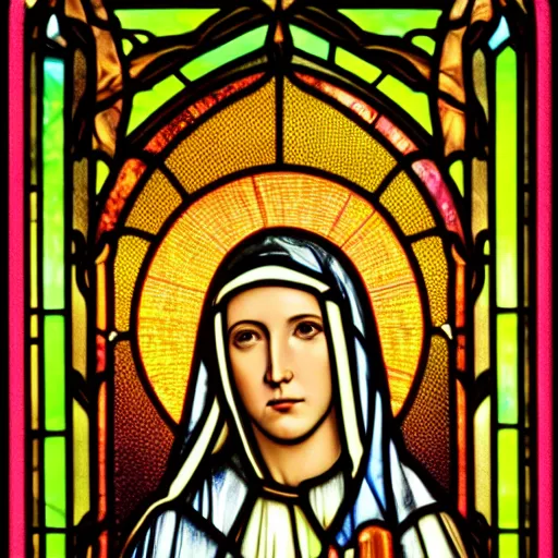 Prompt: a 3 5 mm hi def hi resolution digital 8 k realistic photo of mother mary on a tall stained glass holding a marijuana huge prominent leaf from a brooklyn bodega